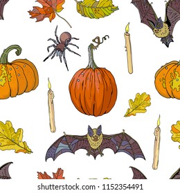 Autumn Halloween seamless pattern. Pumpkins, spiders, falling leaves, candles, bats. Hand drawn vector illustration in orange and violet colors. Festive decoration, textile print, gothic, cartoon.