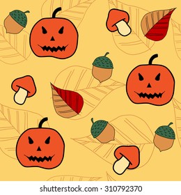 Autumn halloween seamless pattern with pumpkins, mushrooms and acorns. Vector illustration. Hand drawn vector illustration.