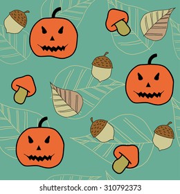 Autumn halloween seamless pattern with pumpkins, mushrooms and acorns. Vector illustration. Hand drawn vector illustration.