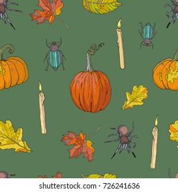  Autumn Halloween seamless pattern. Pumpkins, spiders, falling leaves, candles, beetles. Hand drawn vector illustration. Endless texture for your design.  Fall season mood.