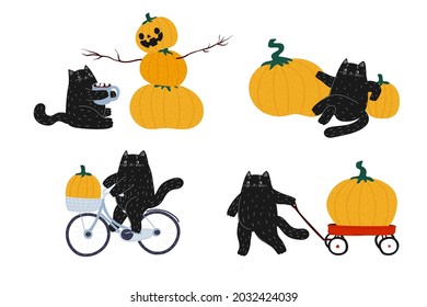 Autumn Halloween set of black cat on bicycle, pumpkin, red wagon. Cute kawaii animal. Harvest festival. Vegetables and fruits. A kitten on a bike. Stock vector flat cartoon illustration.