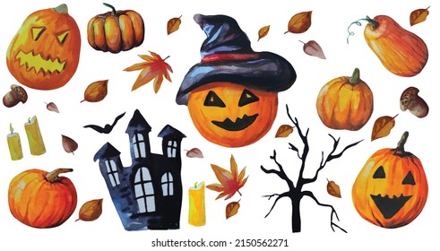 autumn halloween set with pumpkins and dead leaves, trees, castle, acorns, watercolor illustration