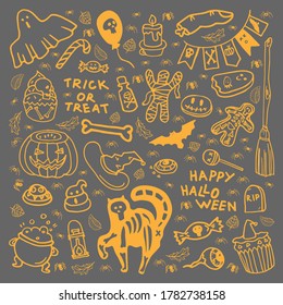 Autumn Halloween set in vector illustration. Isolated on gray background. Pumpkin, hat, light, spider, sweets, bat, broom, cat, skeleton, bone, ghosts, balloon, finger, leaves. Celebrating holidays.