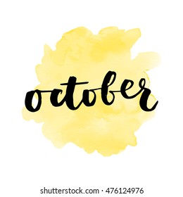 Autumn hand drawing ink lettering vector art, modern brush calligraphy poster with watercolor stain background.