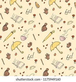 Autumn hand drawn background full of different elements and objects