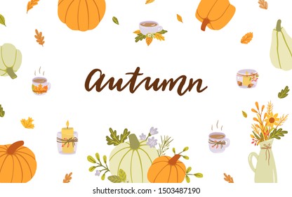 Autumn. Hand drawn banner with hand lettering, pumpkins, cup of coffee, candles, flowers, foliage.