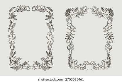 Autumn hand drawn botanical border frame illustration. Minimalist line art style perfect for invitation party, card, fall season poster, greeting or cover.