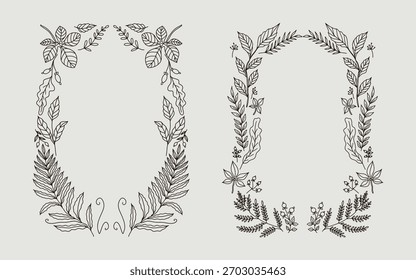 Otoño dibujado a mano botánico frontera marco ilustración. Estilo minimalista del arte de la línea perfecto para la fiesta de la invitación, la tarjeta, el cartel de la temporada de otoño, el saludo o la cubierta.