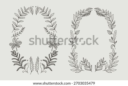Autumn hand drawn botanical border frame illustration. Minimalist line art style perfect for invitation party, card, fall season poster, greeting or cover.