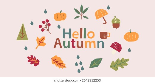Autumn hand drawn card, Maple leaf, pumpkin and walnut. Hello autumn paper cut design.