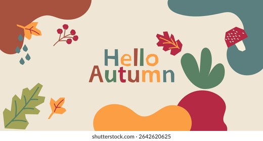 Autumn hand drawn card, Maple leaf, pumpkin and walnut. Hello autumn paper cut design.