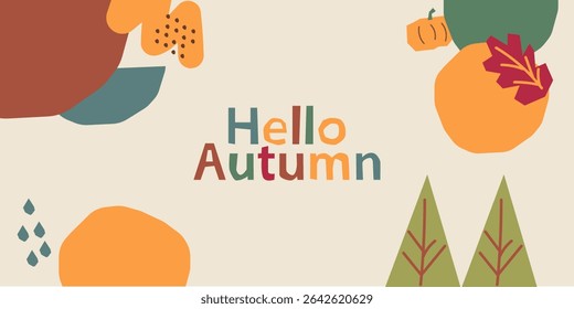 Autumn hand drawn card, Maple leaf, pumpkin and walnut. Hello autumn paper cut design.