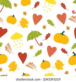 autumn hand drawn cartoon seamless pattern with autumn leaves, cloud, forest, heart, pumpkin, umbrella. garden, harvest. stock vector pattern illustration isolated on white background.