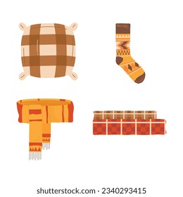 Autumn hand drawn clipart collection. Autumn clothing elements - plaid, scarf, pillow and sock . Cozy icons. Stock vector designs