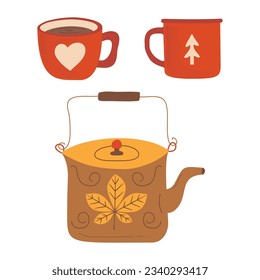 Autumn hand drawn clipart collection. Autumn kitchen utensils elements - retro teapot and coffee cup, mug . Cozy icons. Stock vector designs