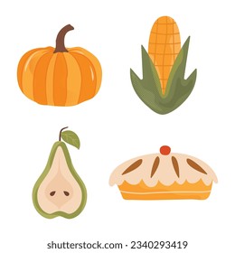 Autumn hand drawn clipart collection. Fall season cozy symbols bundle. Autumn seasonal elements - pumpking, corn, pie and pear. Harvest colorful set. Thanksgiving icons. Stock vector designs