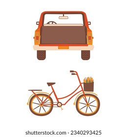 Autumn hand drawn clipart collection. Autumn transportation elements - camper car and bicycle with corns. Cozy icons. Stock vector designs