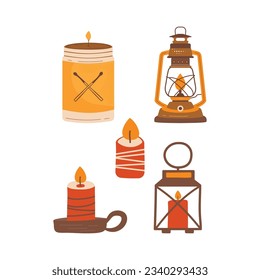 Autumn hand drawn clipart collection. Autumn camper elements - candles, retro lantern. Cozy icons. Stock vector designs