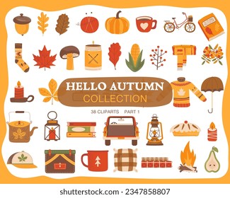 Autumn hand drawn clipart collection. Fall season cozy symbols bundle. Autumn season elements - leaves, pumpkin and harvest colorful set. Thanksgiving icons. Stock vector designs.