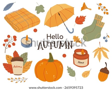 Autumn hand drawn cozy elements. Cute hygge fall icons. Set of vector autumn icons: blanket, umbrella, pumpkin, candles, knitted socks, cup of coffee, foliage. Season scrapbooking elements