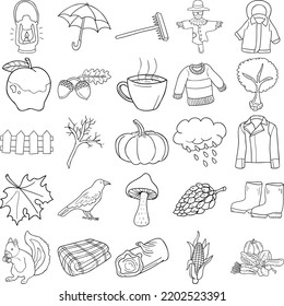 Autumn Hand Drawn Doodle Line Art Outline Set Containing Lantern, Umbrella, Rake, Harvest, Crow, Pumpkin, Branch, Log, Corn, Squirrel, Jacket, Apple, Mushroom, Sweater, Raincoat, Leaf, Rain, Scarecrow