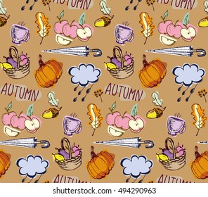 Autumn hand drawn doodle pattern in cartoon style. Vector illustration.