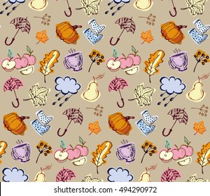 Autumn hand drawn doodle pattern in cartoon style. Vector illustration.