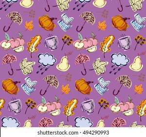 Autumn hand drawn doodle pattern in cartoon style. Vector illustration.