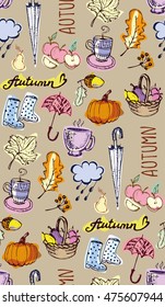 Autumn Hand drawn doodle set. Seamless autumn vector pattern. Background with Different hand drawn autumn elements. Vector illustration