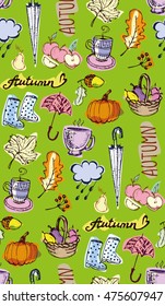 Autumn Hand drawn doodle set. Seamless autumn vector pattern. Background with Different hand drawn autumn elements. Vector illustration