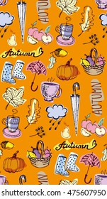 Autumn Hand drawn doodle set. Seamless autumn vector pattern. Background with Different hand drawn autumn elements. Vector illustration