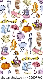 Autumn Hand drawn doodle set. Seamless autumn vector pattern. Background with Different hand drawn autumn elements. Vector illustration