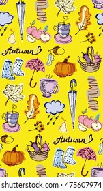 Autumn Hand drawn doodle set. Seamless autumn vector pattern. Background with Different hand drawn autumn elements. Vector illustration