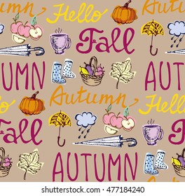 Autumn Hand drawn doodle set. Seamless autumn vector pattern. Background with Different hand drawn autumn elements. Vector illustration