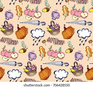Autumn Hand drawn doodle set. Seamless autumn vector pattern. Background with Different hand drawn autumn elements. Vector illustration