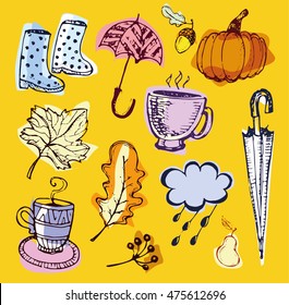 Autumn Hand drawn doodle set.Vector set of different hand drawn autumn elements. Vector illustration