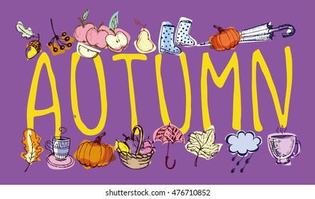 Autumn Hand drawn doodle set.Vector set of different hand drawn autumn elements. Vector illustration