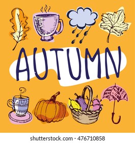 Autumn Hand drawn doodle set.Vector set of different hand drawn autumn elements. Vector illustration