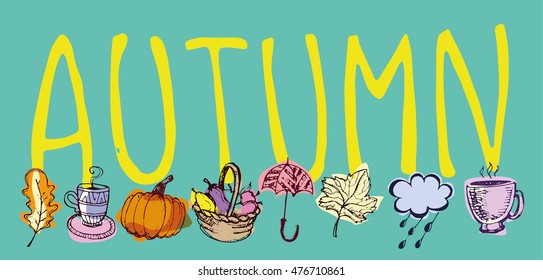 Autumn Hand drawn doodle set.Vector set of different hand drawn autumn elements. Vector illustration