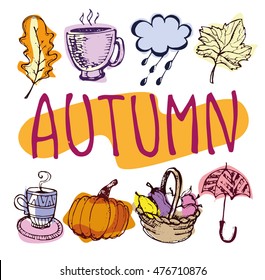 Autumn Hand drawn doodle set.Vector set of different hand drawn autumn elements. Vector illustration