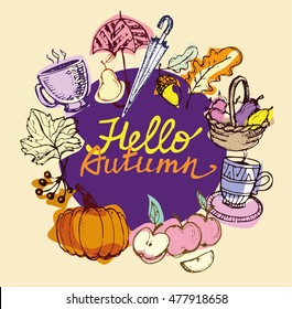 Autumn Hand drawn doodle set.Vector set of different hand drawn autumn elements. Vector illustration