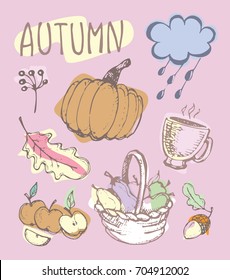 Autumn Hand drawn doodle set.Vector set of different hand drawn autumn elements. Vector illustration
