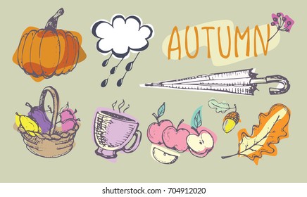 Autumn Hand drawn doodle set.Vector set of different hand drawn autumn elements. Vector illustration