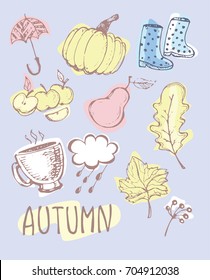 Autumn Hand drawn doodle set.Vector set of different hand drawn autumn elements. Vector illustration