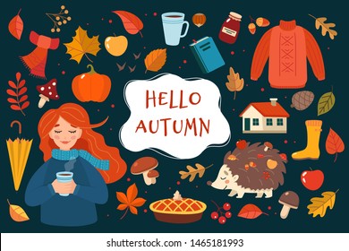 Autumn hand drawn elements collection with lettering  on dark background. Cute vector illustration in flat style
