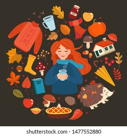 Autumn hand drawn elements collection, autumn girl with lettering on dark background. Cute vector illustration in cartoon style