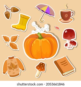 Autumn hand drawn elements collection with girl character.Stikers.Can be used to print books, magazines, stickers, magnets, postcards. Cute vector illustration in cartoon style.