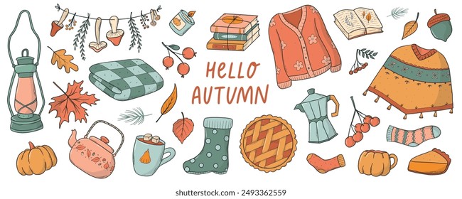 Autumn hand drawn elements collection. Doodles, cozy cartoon stickers  set foe cards, prints, posters, planners, etc. EPS 10