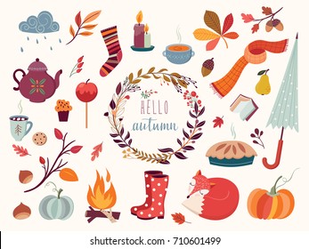 Autumn hand drawn elements collection with decorative wreath