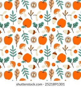 Autumn hand drawn elements seamless pattern. Fall season scrapbooking colorful icons repeat on white. Vector illustration.